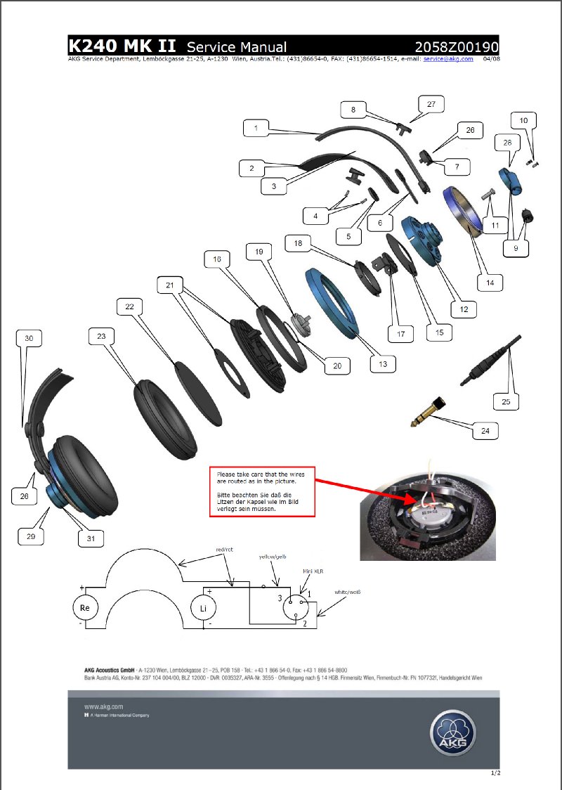 akg k240 mkii 头戴式耳机-结构爆炸视图